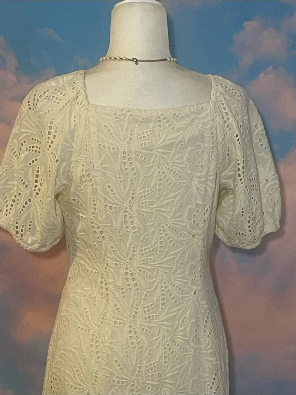 Darling Free People Cream Eyelet Puff Sleeve/ Button-Front Mini Dress